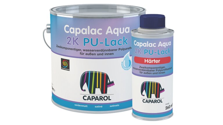 Capalac Aqua 2K PU-Lack, hinten verpackt in Dose, vorne verpackt in stehender Flasche